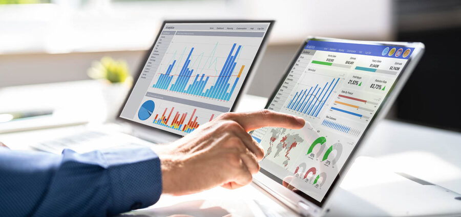 KPI Business Analytics Data Dashboard. Analyst Using Computer