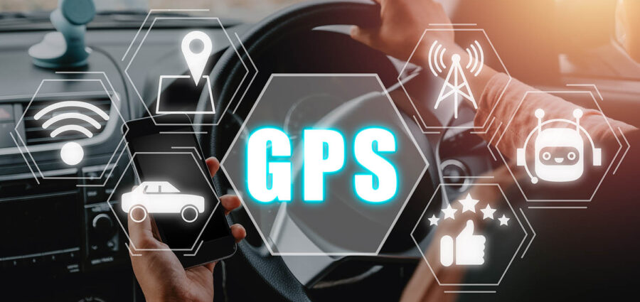 GPS, Global Positioning System, Person hand using smart phone on car with Global Positioning System icon on virtual screen.